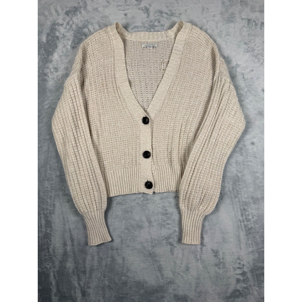 American Eagle Cropped Cardigan Sweater Beige Knit Balloon Sleeve Small